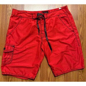 True Religion Board Shorts Mens 38 11" Red Swim Trunks Cargo Style Pocket